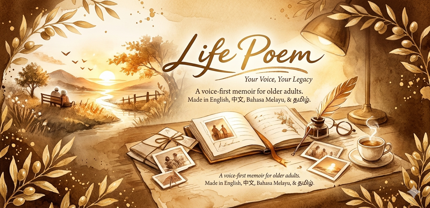 LifePoem — Your Voice, Your Legacy. A voice-first memoir for older adults, made in English, 中文, Bahasa Melayu, and தமிழ்.