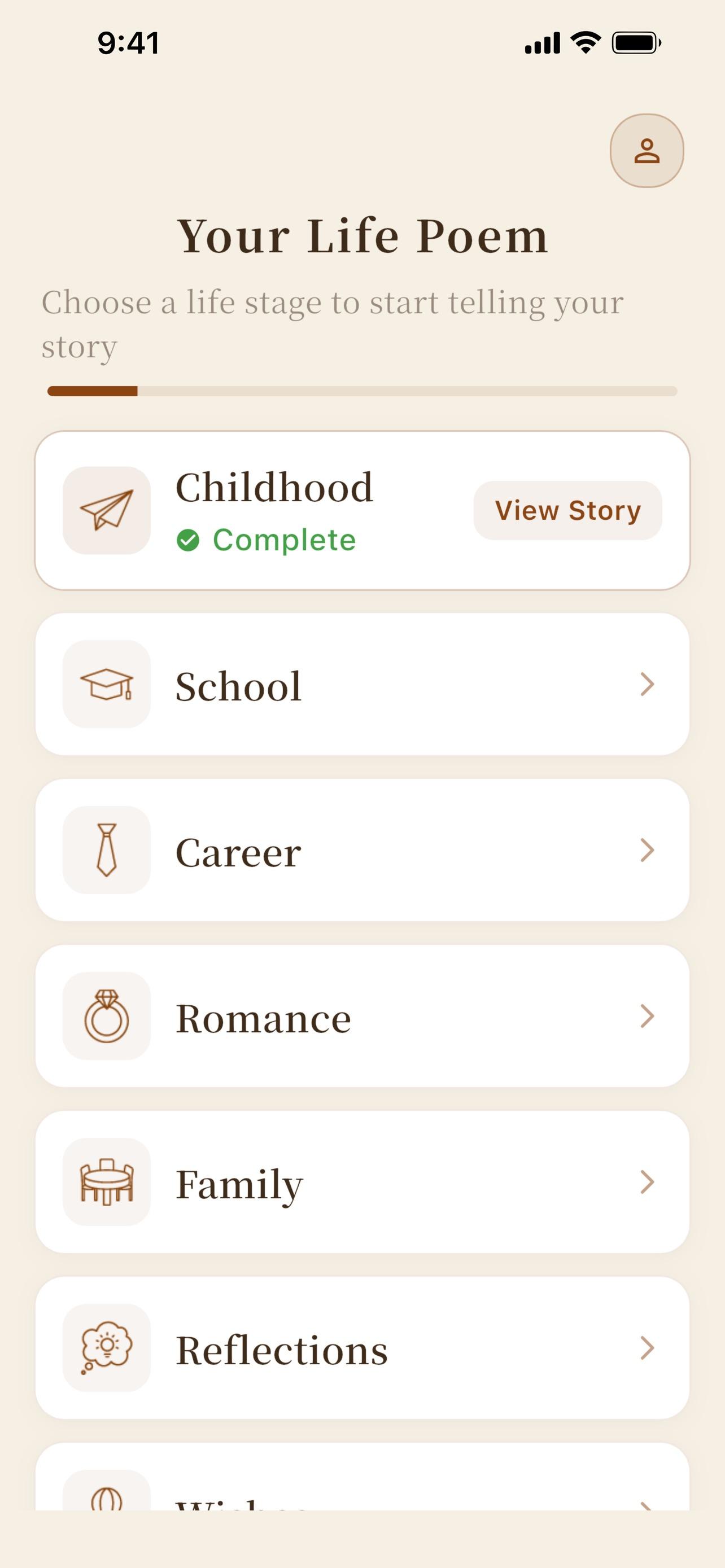 LifePoem app — life stages