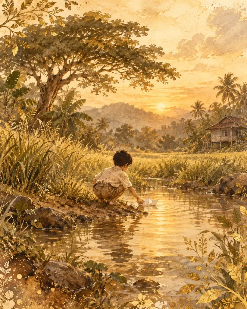 A watercolour painting of a small child crouched at the edge of a stream at sunset, seen from behind, setting a folded paper boat onto the water, with a wooden house on stilts among the palms beyond.