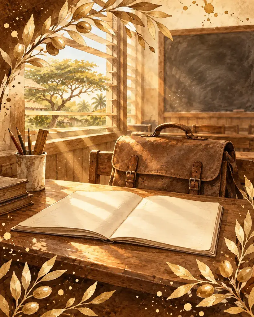 A watercolour painting of an open exercise book and a leather satchel on a wooden school desk beside a shuttered window, with a jar of pencils and a blackboard behind, in morning light.
