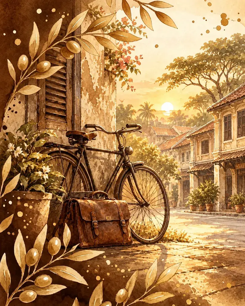 A watercolour painting of a worn leather work bag and a bicycle leaning against a shophouse wall at first light, with a quiet street of tiled roofs beyond.