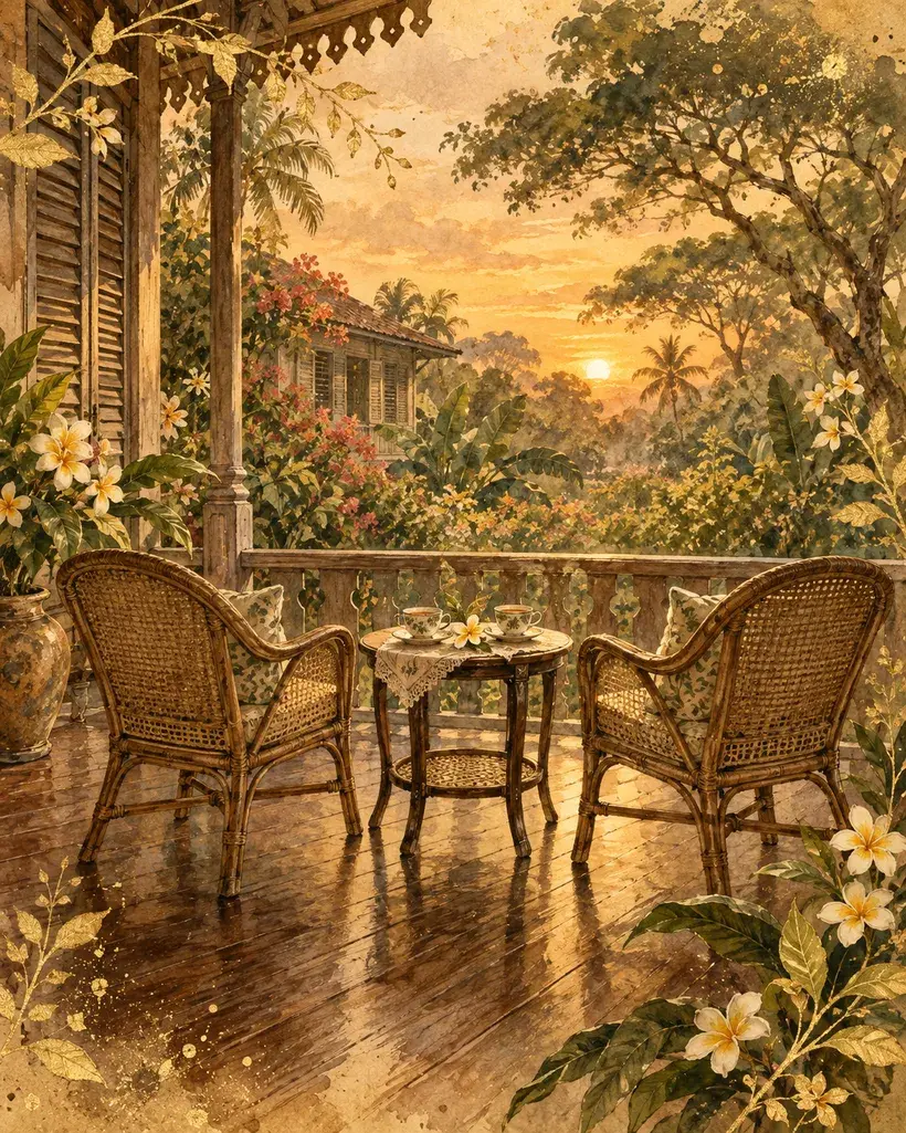 A watercolour painting of two cups of tea set down together on a small round table between two rattan chairs on a veranda, with flowers in bloom nearby and the sun setting behind the trees.