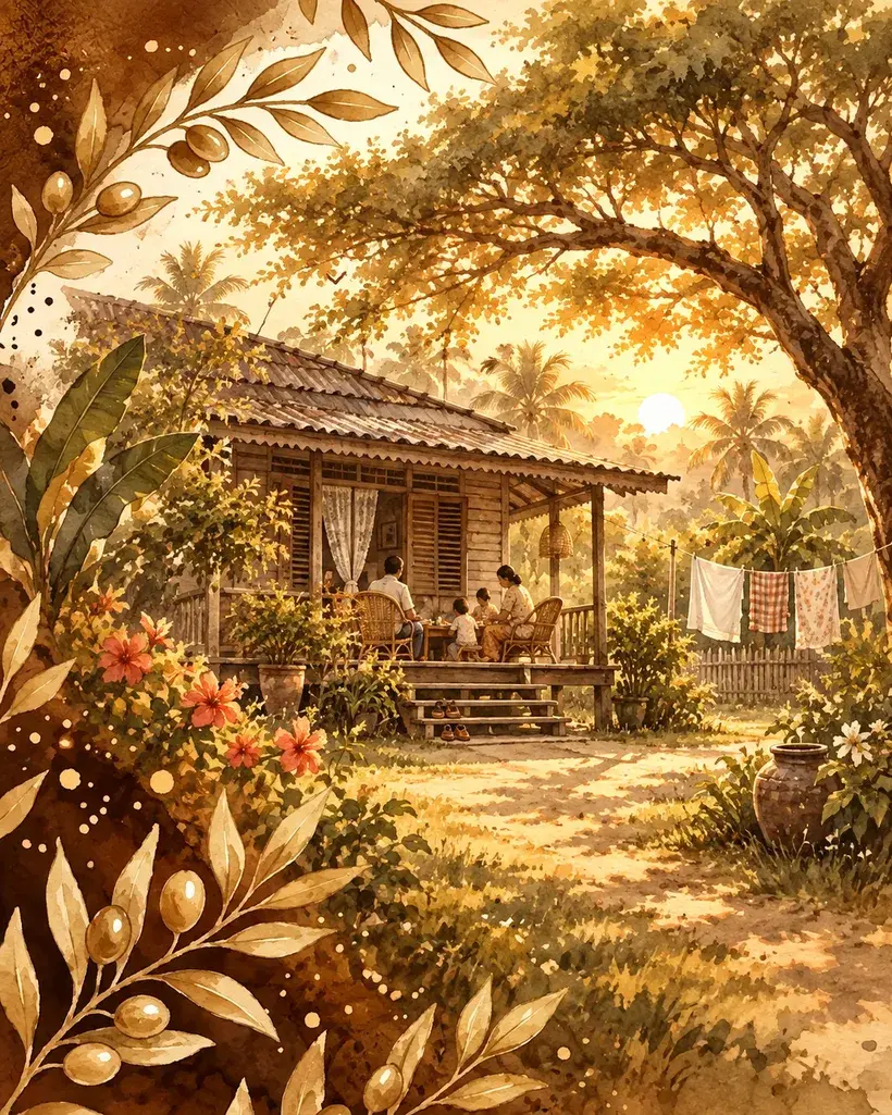 A watercolour painting of a timber house under a broad tree in the late afternoon, with washing on a line, small shoes left at the steps, and a family sitting together on the veranda.