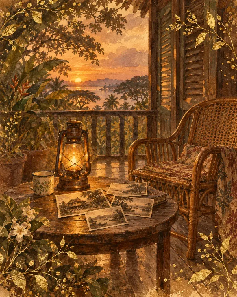 A watercolour painting of a lit lantern and a scatter of old photographs on a small table at dusk, with an empty rattan chair beside them and the sun going down over the water.