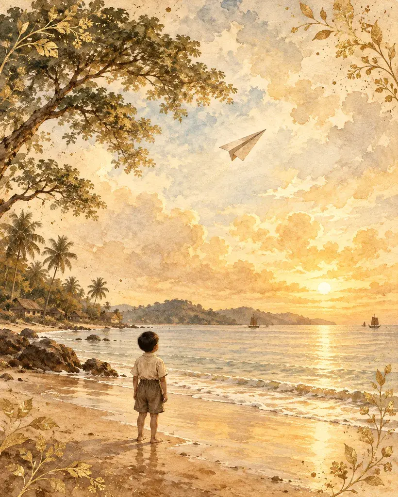 A watercolour painting of a child standing at the water's edge in the morning, seen from behind, watching a paper plane climb into a wide sky above the sea.